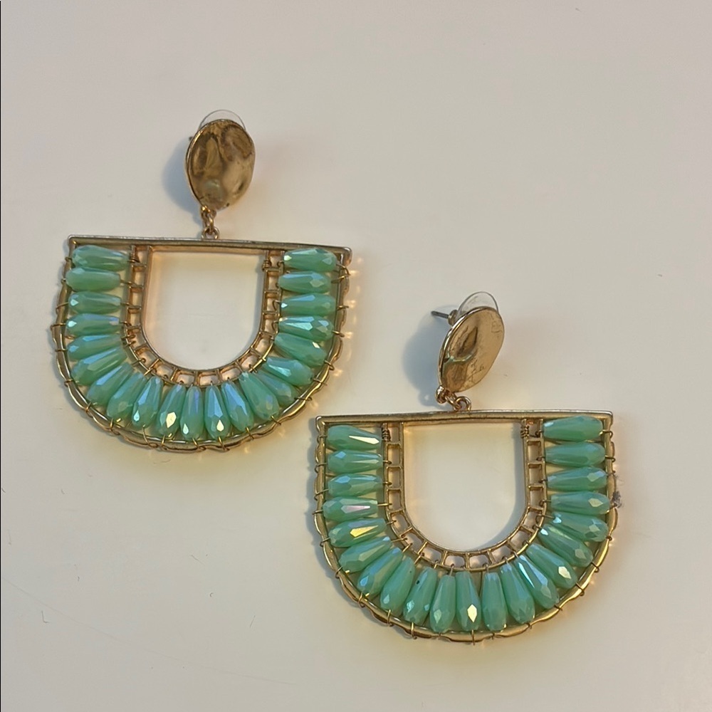 Gold and Green Beaded Statement Earrings